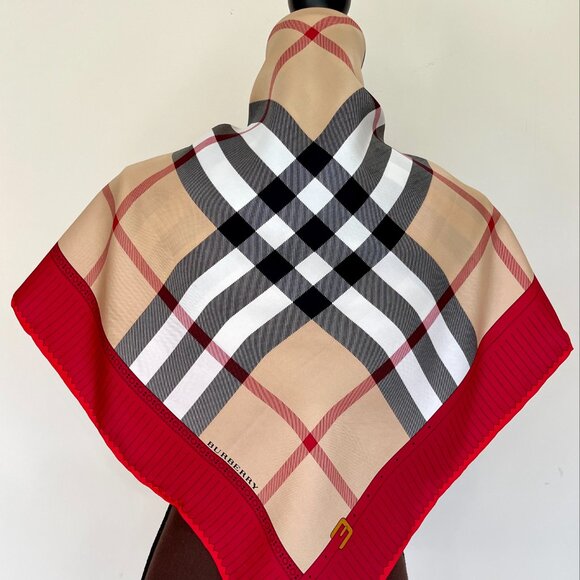 New Burberry Scarf Logo Iconic Beige Check Red Border Silk Wrap - Picture 14 of 15
